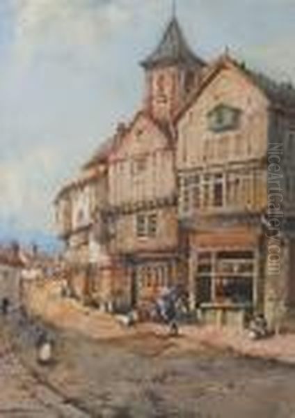 A Continental Street Scene With Figures Oil Painting by Noel Harry Leaver