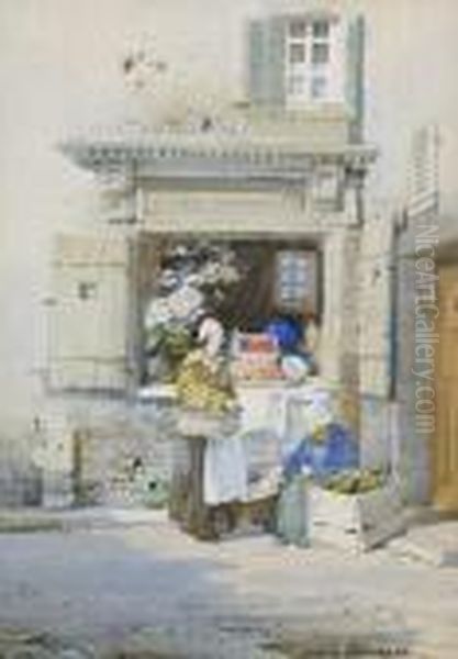 Figures Outside A Grocer Shop Oil Painting by Noel Harry Leaver