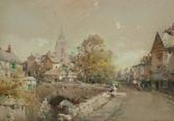 A Flemish Town Scene With A Bridge In The Foreground Oil Painting by Noel Harry Leaver