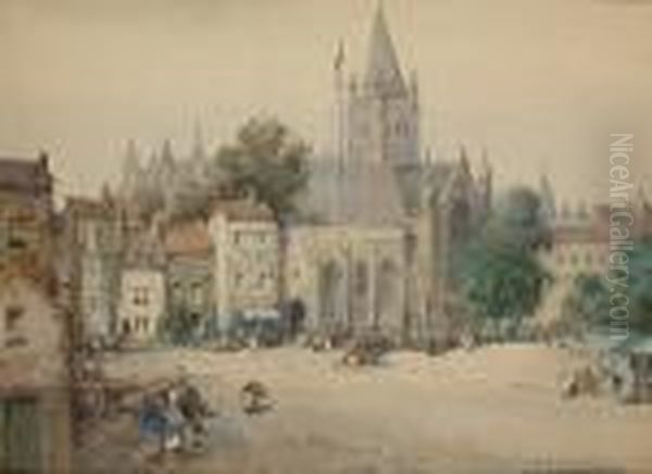 A Cathedral Within A Flemish Town Oil Painting by Noel Harry Leaver