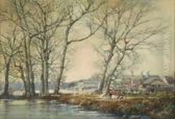 Town Along Riverbank Oil Painting by Noel Harry Leaver