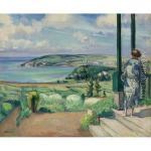 Femme En Peignoir Bleu Devant Une Villa A Morgat Oil Painting by Henri Lebasque