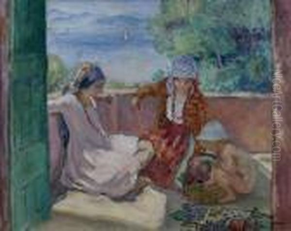 Jeunes Femmes Assises Et Enfant Sur La Terrasse A Sainte-maxime (les Enfants Lebasque) Oil Painting by Henri Lebasque