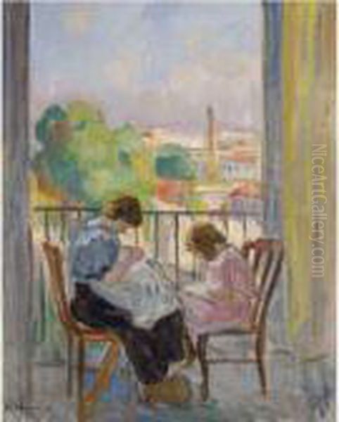 Madame Lebasque Et Sa Fille Cousant Devant La Fenetre Oil Painting by Henri Lebasque