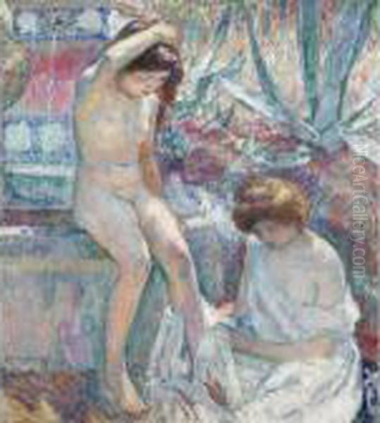 Saint-tropez, Madame Lebasque Et Marthe A La Fontaine Oil Painting by Henri Lebasque