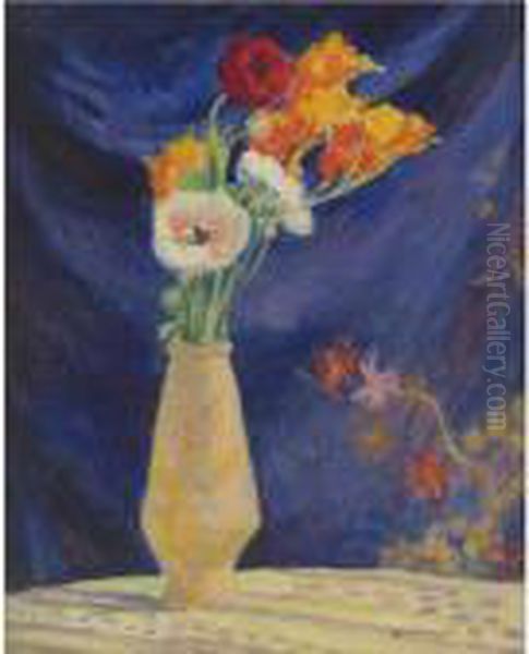 Vase D'anemones Sur Fond Bleu Oil Painting by Henri Lebasque