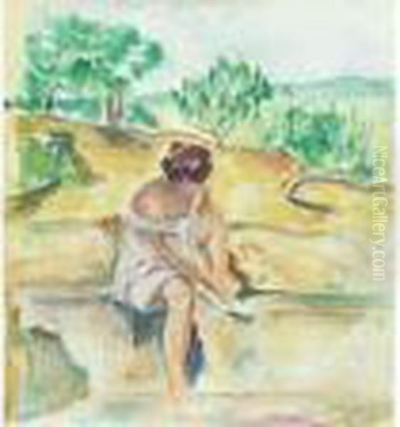 Femme Attachant Sa Sandale Oil Painting by Henri Lebasque