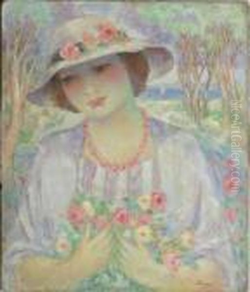 Jeune Femme Au Chapeau Et Bouquet De Fleurs Oil Painting by Henri Lebasque