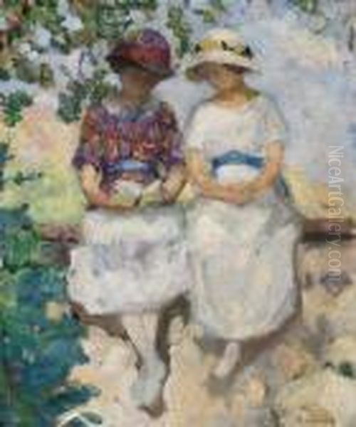 Vezillon, Deux Jeunes Filles Assises Sur Un Mur Oil Painting by Henri Lebasque