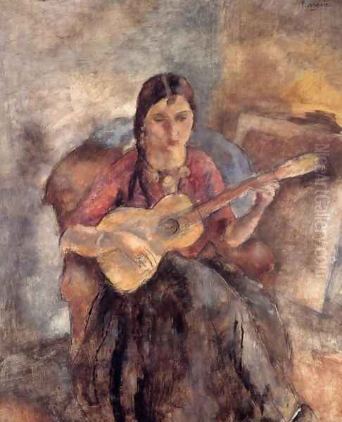 Gypsy with a Guitar Oil Painting by Jules Pascin