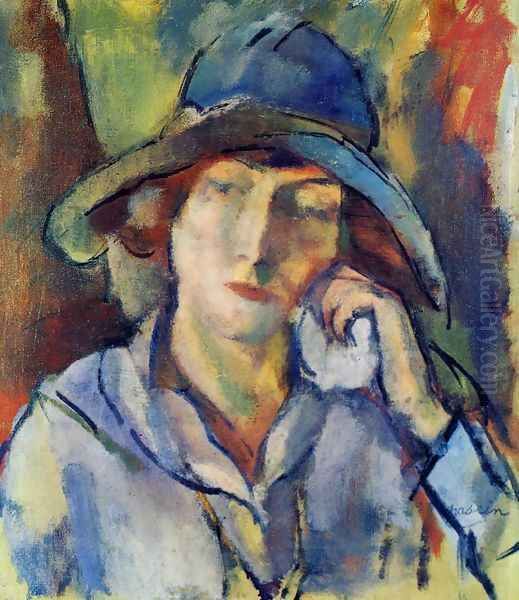 Hermine in a Blue Hat Oil Painting by Jules Pascin