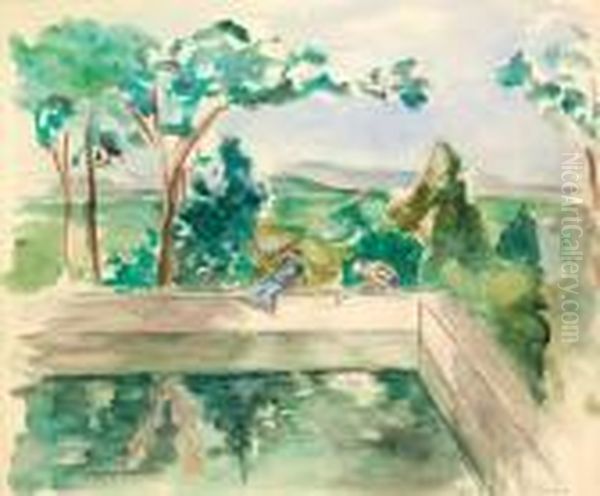 ?jeunes Enfants Pres De La Piscine Dans Un Paysage De Provence?. Oil Painting by Henri Lebasque