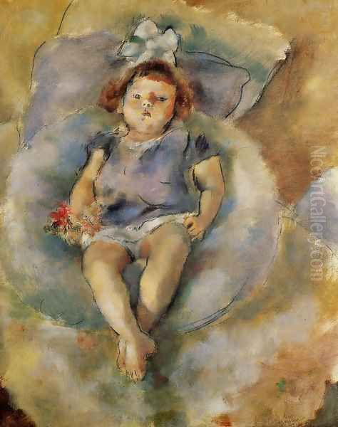 Little Girl with a White Ribbon Oil Painting by Jules Pascin