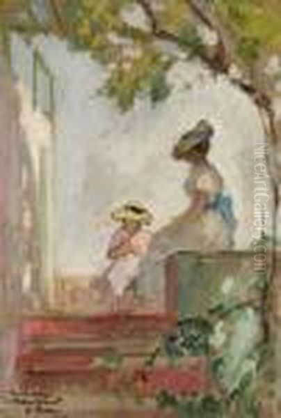 Sainte-maxime, Madame Lebasque Et Sa Fille Sur La Terrasse Oil Painting by Henri Lebasque