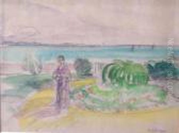 Figure In A Landscape With Sea In Distance Oil Painting by Henri Lebasque