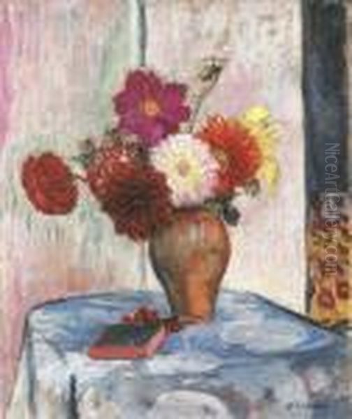 Vase De Dalhias Avec Livre Sur La Table Oil Painting by Henri Lebasque