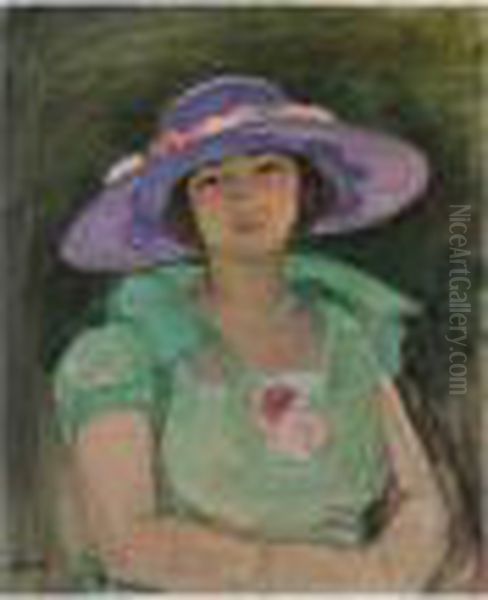 Portrait De Marthe Lebasque Au Chapeau Mauve Oil Painting by Henri Lebasque