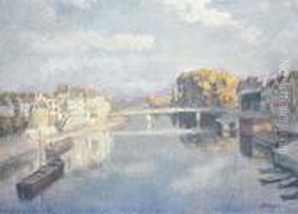 Lagny, Le Pont Et Les Bateaux Lavoirs Sur La Marne Oil Painting by Henri Lebasque