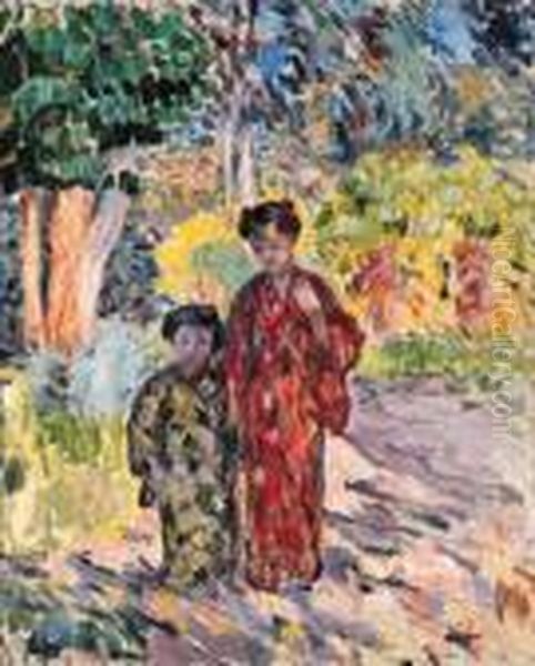 Marthe Et Nono En Japonaises (marthe And Nono Dressed In Japaneseclothes) Oil Painting by Henri Lebasque