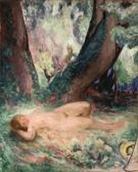 Femme Nue Allong Dans Le Jardin Avec Satyr (reclining Nude In Thegarden With A Satyr) Oil Painting by Henri Lebasque