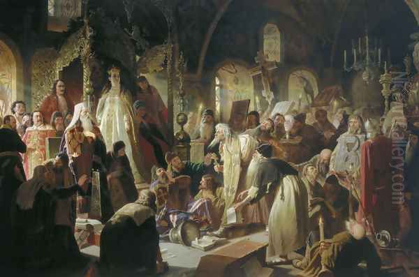 Nikita Pustosviat. Dispute on the Confession of Faith, 1881 Oil Painting by Vasily Perov