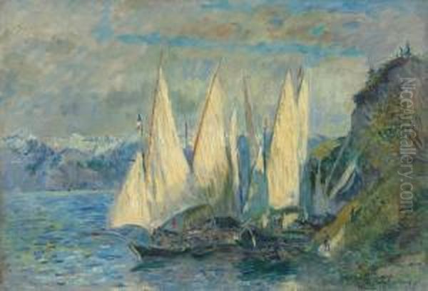 Barques Aux Grandes Voiles Sur Le Lac Leman A Meillerie En Haute-savoie Oil Painting by Albert Lebourg