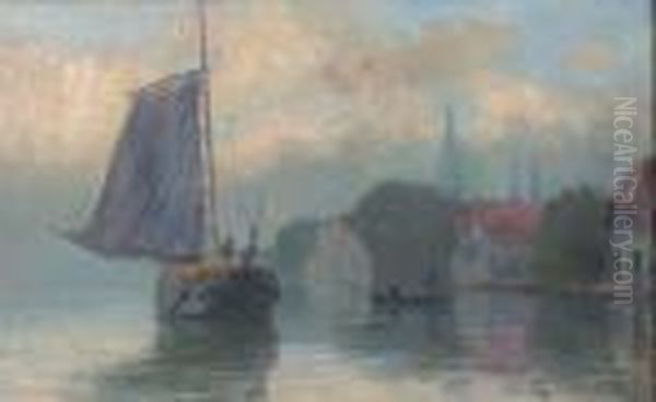 Les Bords De La Schie, A Delft Par Temps De Brouillard Oil Painting by Albert Lebourg