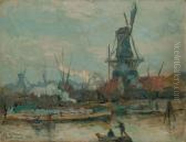 Les Anciens Moulins Du Port De Rotterdam, Un Jour De Grandvent Oil Painting by Albert Lebourg