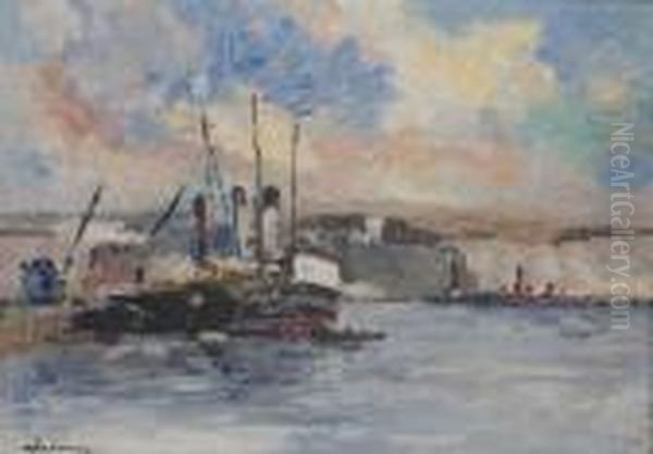 Vapeurs A Quai Sur La Seine Oil Painting by Albert Lebourg