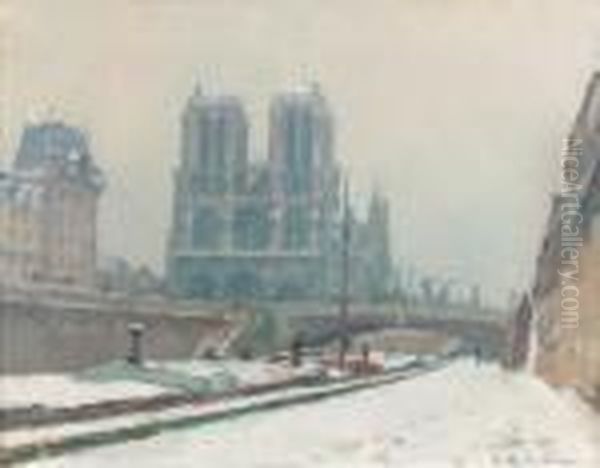 Notre-dame De Paris Sous La Neige Oil Painting by Albert Lebourg