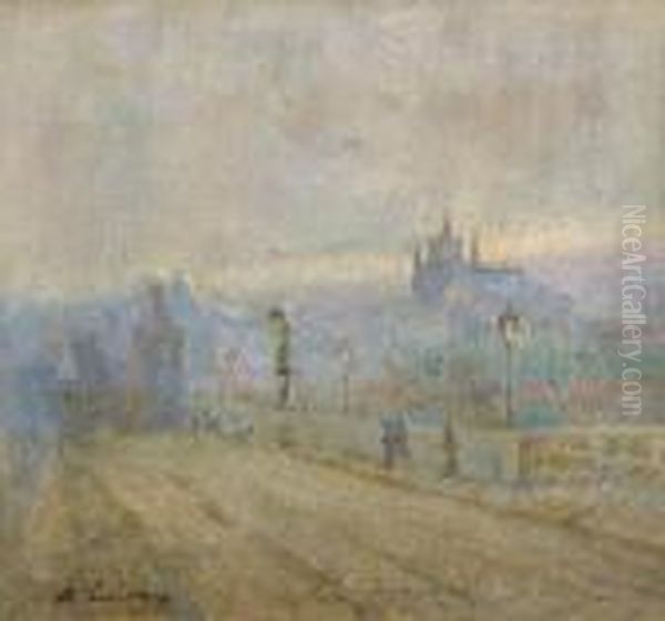 Karlsbrucke Mit Blick Auf Den Veitsdom In Prag. Oil Painting by Albert Lebourg