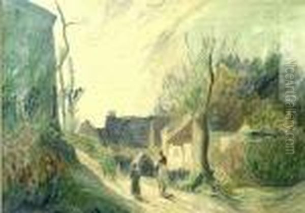 Figures With A Donkey In A Village Street Oil Painting by Albert Lebourg