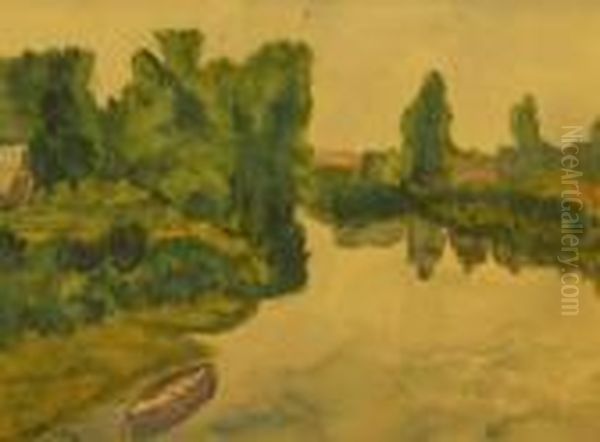 Wooded River Landscape With Boat And Cottage Oil Painting by Albert Lebourg