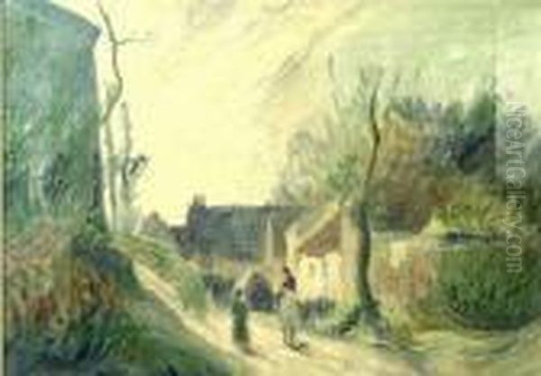 Figures With A Donkey In A Village Street Oil Painting by Albert Lebourg