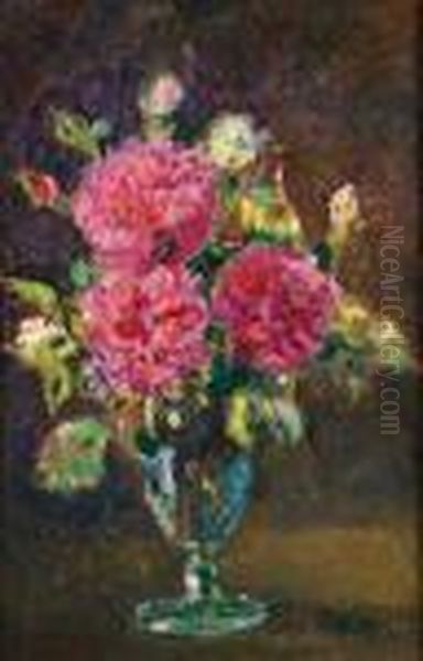 Vase De Dahlias Oil Painting by Albert Lebourg