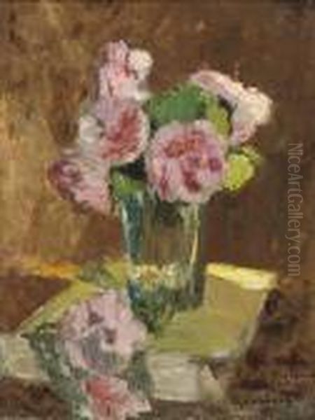 A Still Life With Roses In A Vase Oil Painting by Albert Lebourg