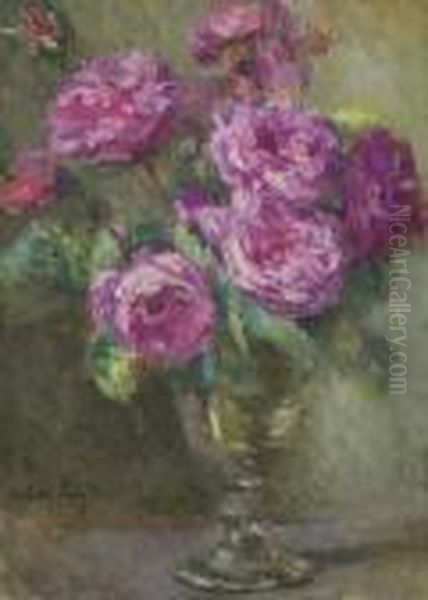 Bouquet De Roses Dans Un Verre A Pied Oil Painting by Albert Lebourg