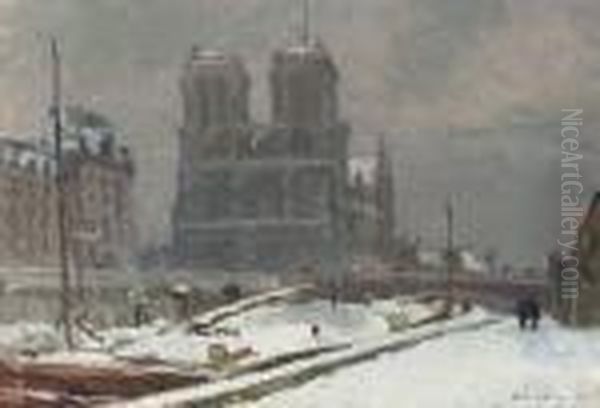 Notre-dame De Paris, Vue Prise Du Quai Saint-michel, En Hiver, Par Temps De Neige Oil Painting by Albert Lebourg