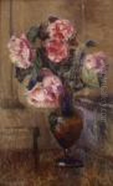 Vase Of Roses Oil Painting by Albert Lebourg