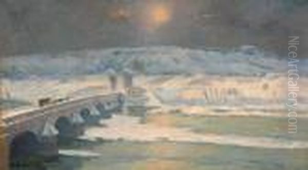 Le Pont Sur L'allier A Pont-du-chateau En Hiver Oil Painting by Albert Lebourg