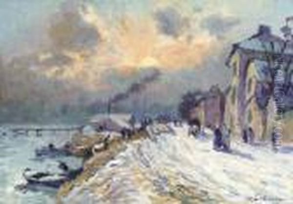 Bords De La Seine. L'hiver A Herblay Oil Painting by Albert Lebourg