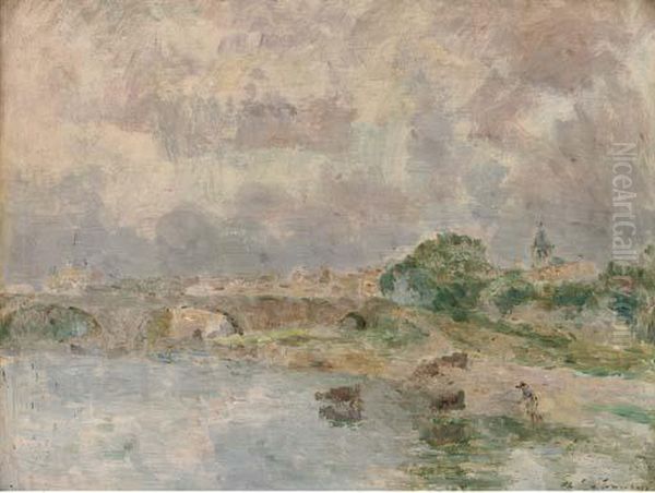 Le Pont Du Chateau, Les Bords De L'allier Oil Painting by Albert Lebourg