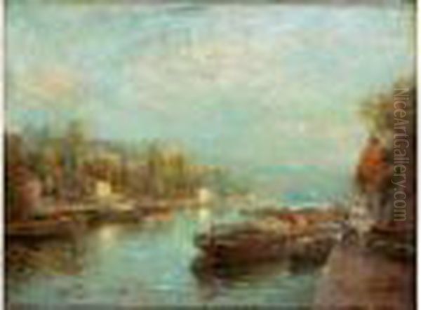 Peniches Sur La Seine Oil Painting by Albert Lebourg