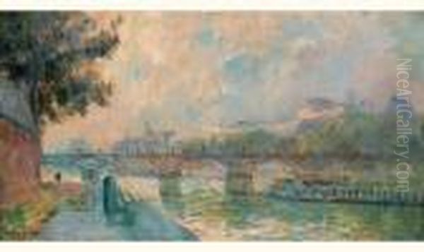 Paris, La Passerelle De L'institut Et Le Louvre Oil Painting by Albert Lebourg