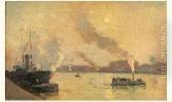 Fumees Et Soleil Dans Le Port De Rouen Oil Painting by Albert Lebourg