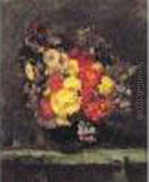 Bouquet De Fleurs Au Vase En Terre Bleu, Vers 1875. Oil Painting by Albert Lebourg