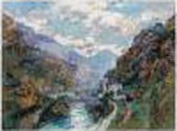 Le Rhone A Saint-maurice, Valais (suisse) Oil Painting by Albert Lebourg