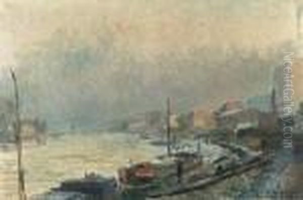 La Seine Au Bas-meudon, En Hiver; Effet De Neige Et De Gele Oil Painting by Albert Lebourg