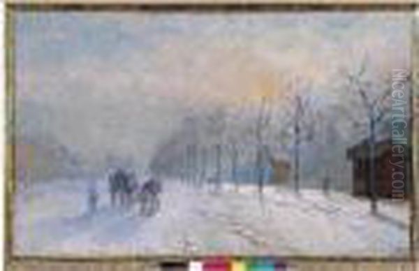 Fardier Dans La Neige Sur La Route Du Bois De Boulogne, Neuilly, 1892. Oil Painting by Albert Lebourg