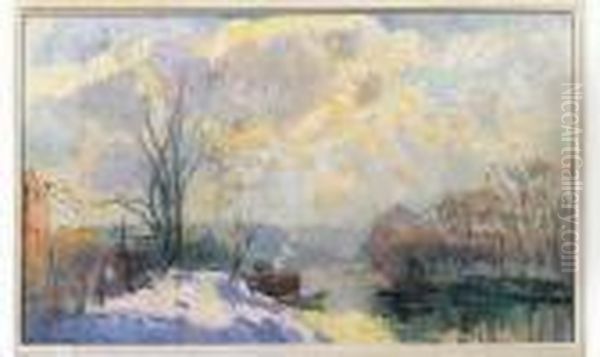 La Seine En Hiver, Barque Au Coucher De Soleil Oil Painting by Albert Lebourg